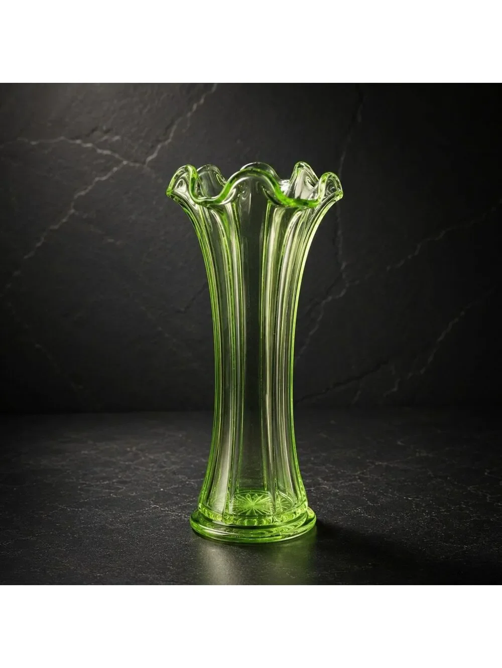 Vintage Uranium Vaseline Glass Vase Green Ruffled Rim 9.5